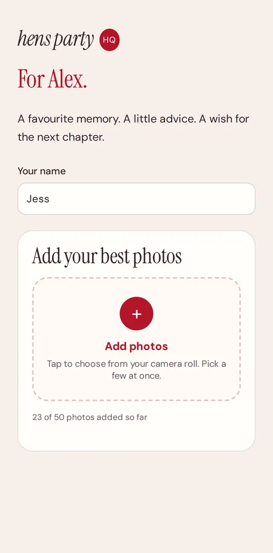 The guest page for leaving a message and adding photos