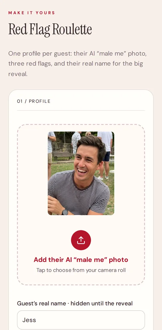 Adding a guest’s AI male photo and red flags on a phone