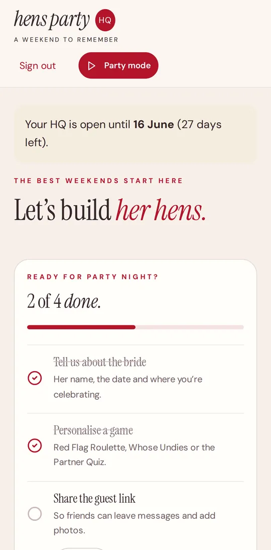 The party setup screen with a Ready for party night checklist